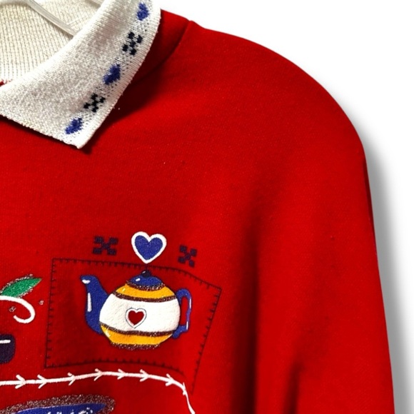 Vintage 80s Act III Red Collared Sweatshirt Size Large Americana Country Cottage - Picture 3 of 16